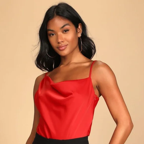 NEW Red Satin Asymmetrical Cowl Neck Bodysuit - Picture 2 of 6